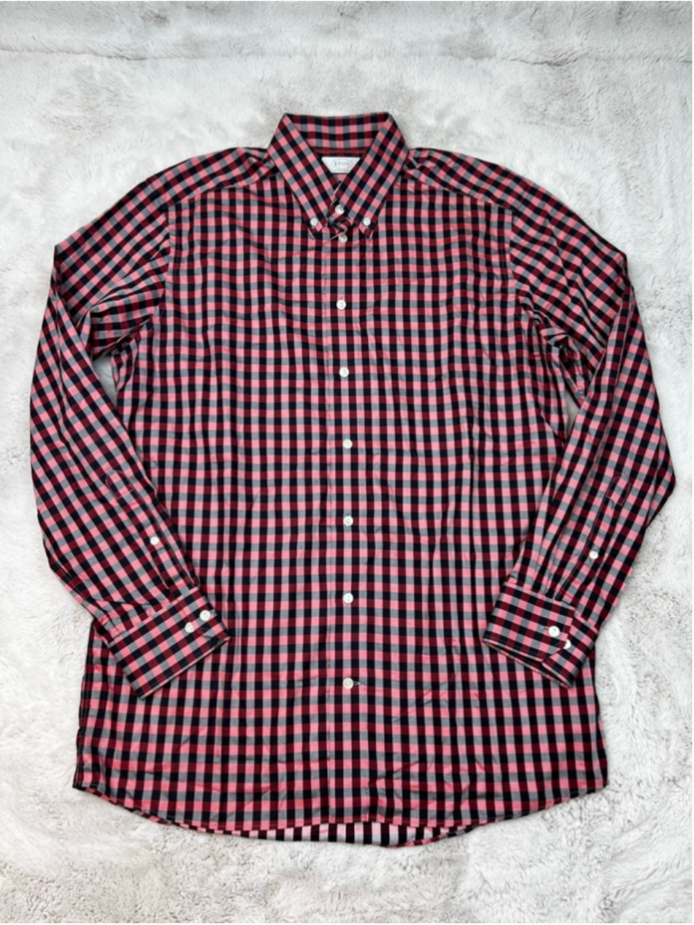 ETON Dress Shirt Mens Size 41 / 16 Red Black Checkered Button Up Business